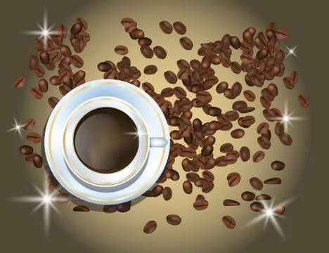 Coffee Beans and White Cofee Cup Isolated in Brown Background Stock Illustration