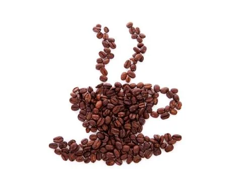 Coffee beans arranged into a shape of cup with steam Stock Photos