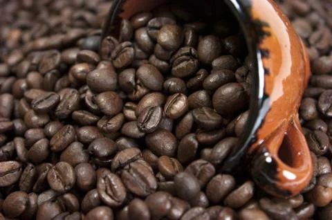 Coffee beans, background, cup Stock Photos