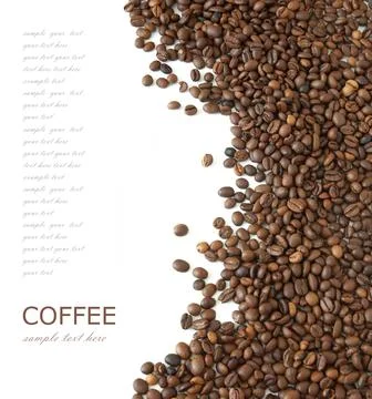 Coffee beans background isolated white with sample text Stock Photos
