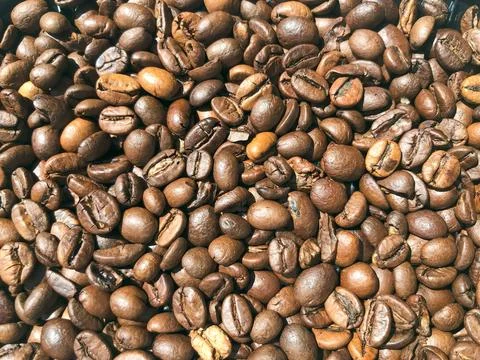 Coffee beans background overhead view Fotos de archivo