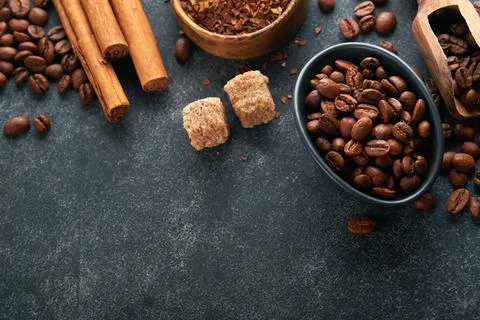 Coffee beans background. Roasted coffee concept with differents types of bean Stock Photos