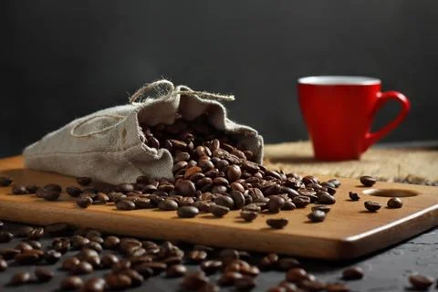 Coffee beans in a bag .Dark background 스톡 사진