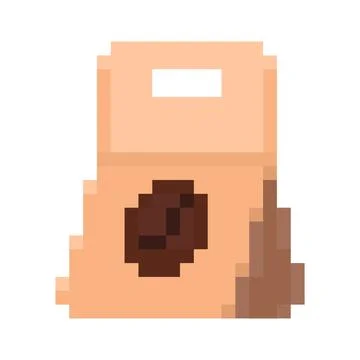 Coffee beans bag paper packaging pixel art style design beige brown shades Illustrazione stock