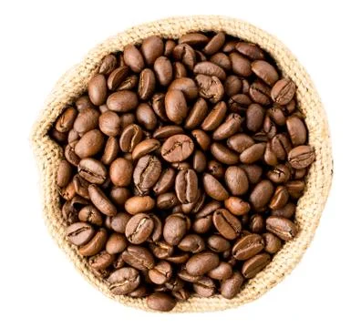Coffee beans in a bag on a white. The form of the top. Stock Photos