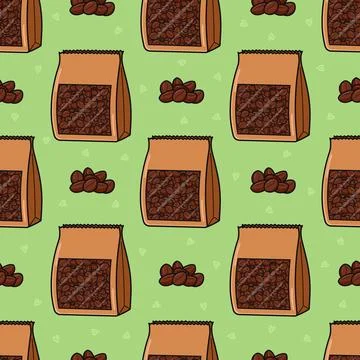 Coffee beans in bags seamless repeat pattern background Stock Illustration