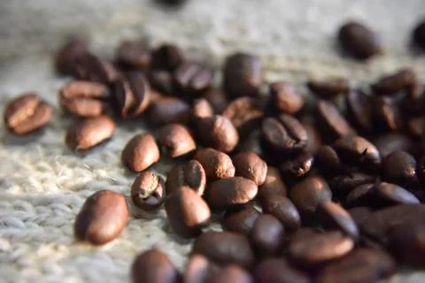Coffee beans on the beige background close-up Stock Photos