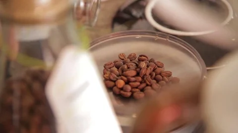 Coffee beans being poured on the table Video stock 81096663