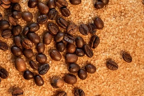Coffee beans on brown sugar cane Stock Photos