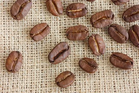 Coffee beans on burlap background Stock Photos