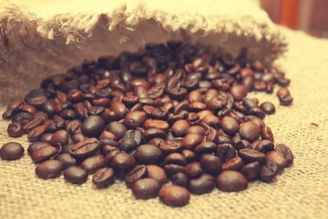 Coffee beans on burlap background Stock Photos