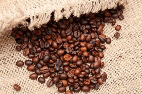 Coffee beans on burlap background 写真素材