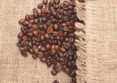 Coffee beans on burlap background Stock Photos