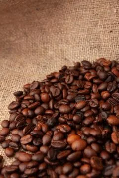 Coffee beans on burlap background Stock Photos