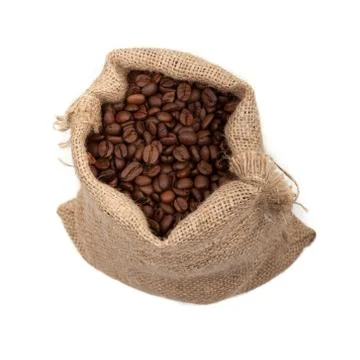 Coffee beans in burlap sack Stock Photos