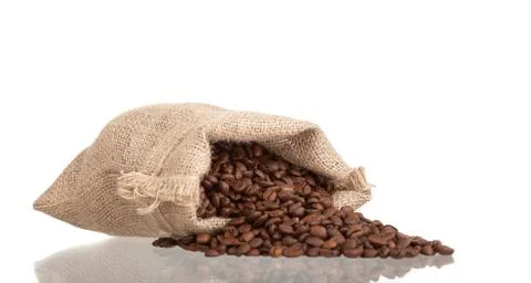 Coffee beans in burlap sack Stock Photos