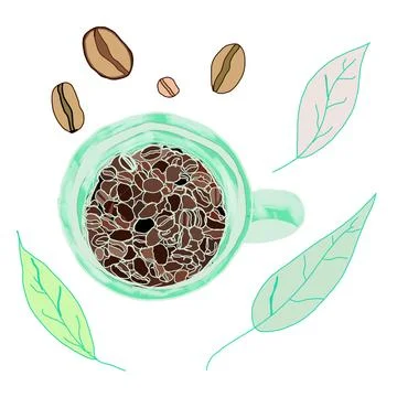 Coffee beans in ceramic cup drawing,cartoon character,illustration design Stock Illustration