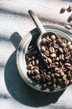 Coffee beans in a ceramic plate. Stock Photos