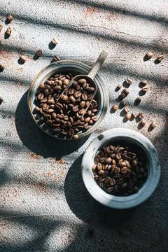 Coffee beans in ceramic plates on a gray background. Sunlight. Stock Photos