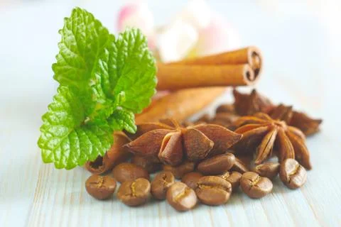 Coffee beans cinnamon mint leaf background Stock Photos
