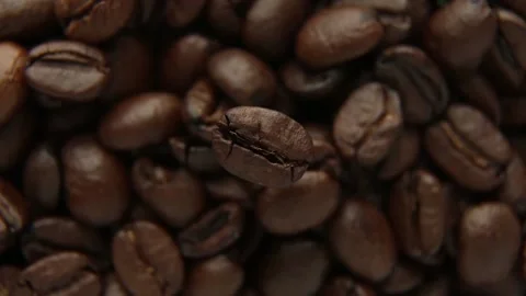 Coffee beans in close-up a grain rotates against the background of other grains. Video stock 169763803