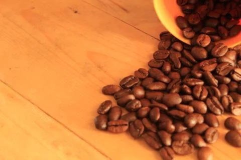 Coffee beans in coffee container isolated on wooden Foto stock