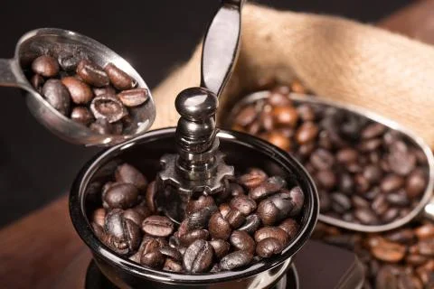 Coffee beans with coffee grinder Stock Photos