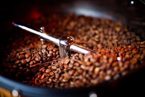 Coffee beans in a coffee machine, in dark colors. Stock Photos