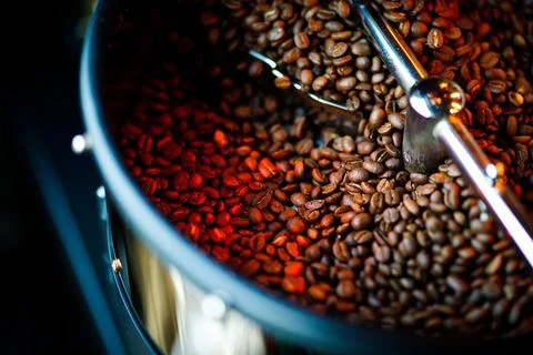 Coffee beans in a coffee machine, in dark colors. Stock Photos