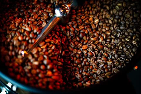Coffee beans in a coffee machine, in dark colors. Stock Photos