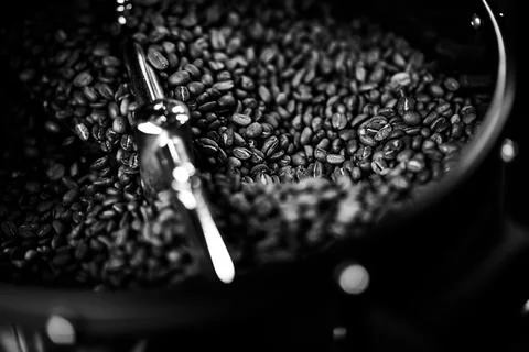 Coffee beans in a coffee machine, in dark colors. Stock Photos