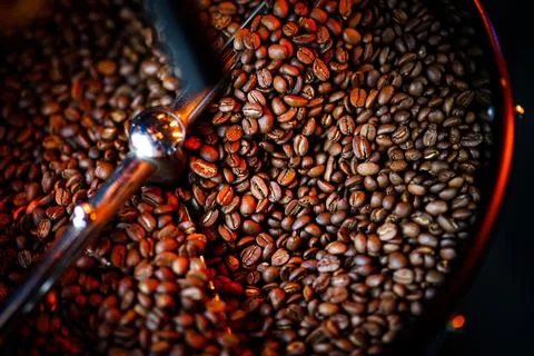 Coffee beans in a coffee machine, in dark colors. 库存照片