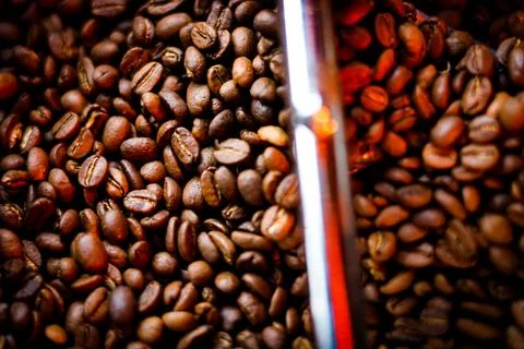 Coffee beans in a coffee machine, in dark colors. Stock Photos