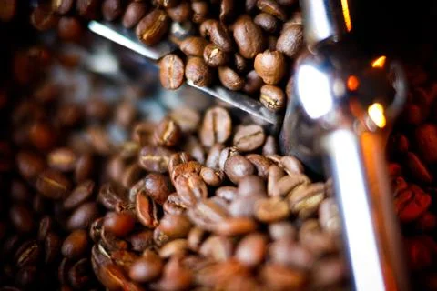 Coffee beans in a coffee machine, in dark colors. Stock Photos
