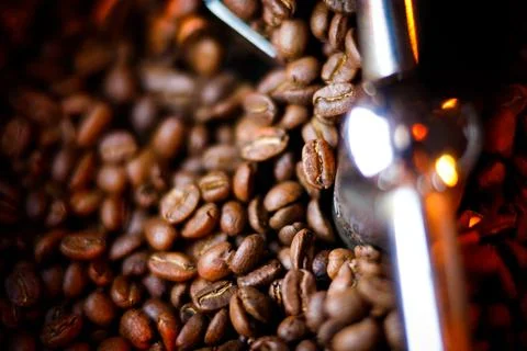 Coffee beans in a coffee machine, in dark colors. Stock Photos