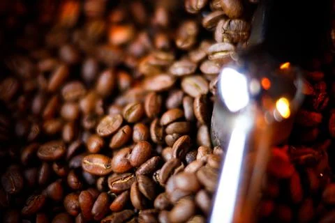 Coffee beans in a coffee machine, in dark colors. Stock Photos