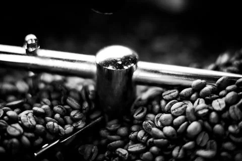 Coffee beans in a coffee machine, in dark colors. Stock Photos
