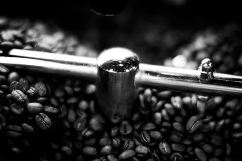 Coffee beans in a coffee machine, in dark colors. Stock Photos