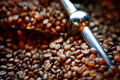Coffee beans in a coffee machine, in dark colors. Stock Photos
