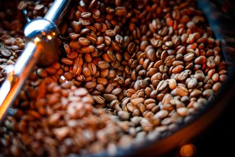 Coffee beans in a coffee machine, in dark colors. Stock Photos