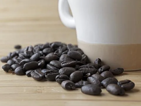 Coffee beans by a coffee mug. Stock Photos