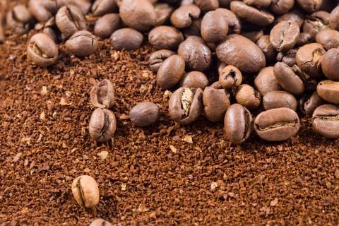 Coffee beans with coffee powder Stock Photos