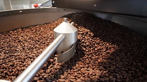 Coffee Beans In A Coffee Roaster. Slow Motion Slide Shot. Stock Footage 100898188