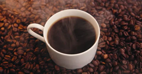 Coffee beans, cup and above for grain with supply chain, hospitality industry Stock Footage 326006735