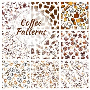 Coffee beans, cups, mills vector seamless patterns Stock Illustration