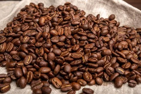 Coffee beans on a dark background. View from above. Stock Photos