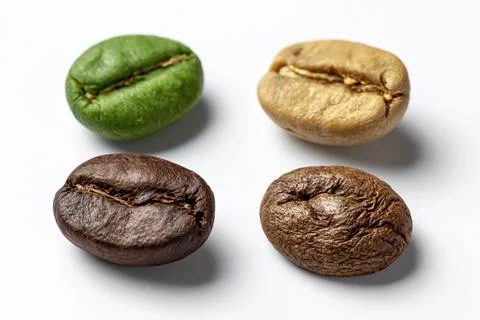 Coffee beans in different stages of roasting on pure white surface 스톡 사진