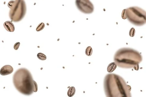 Coffee beans fall background. Black espresso coffee bean falling. Aromatic gr 库存照片