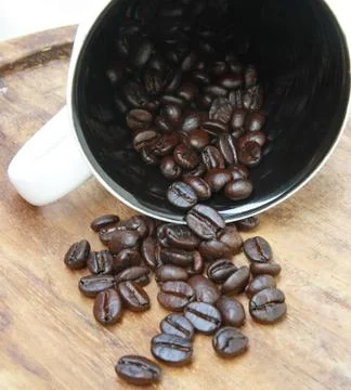 Coffee beans fall from cup Stock Photos