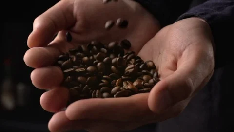 Coffee beans fall in hands in slow motion Video stock 115476974